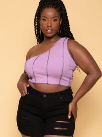 Plus Size Contrast Stitch Crop Top - Lavender